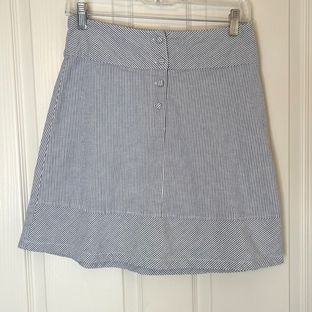 FOR CYNTHIA Petite Striped A-Line Button Front Skirt Navy White Classic  Coastal